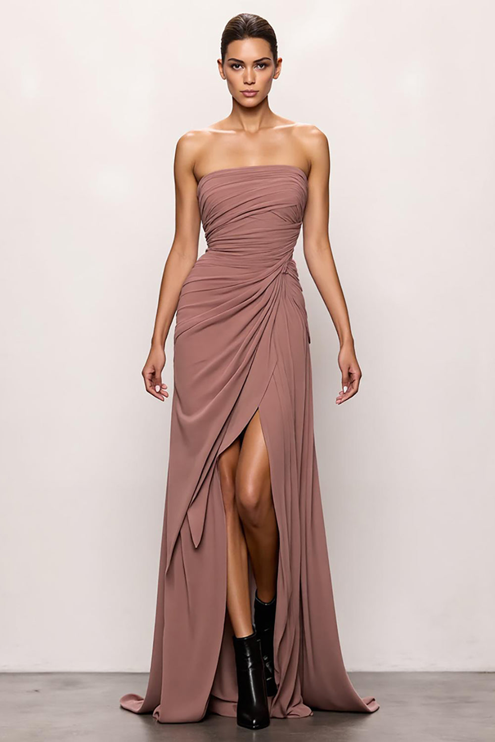 Erröten Trägerlos Gerafft Rückenfrei Lang Abendkleid mit Schlitz