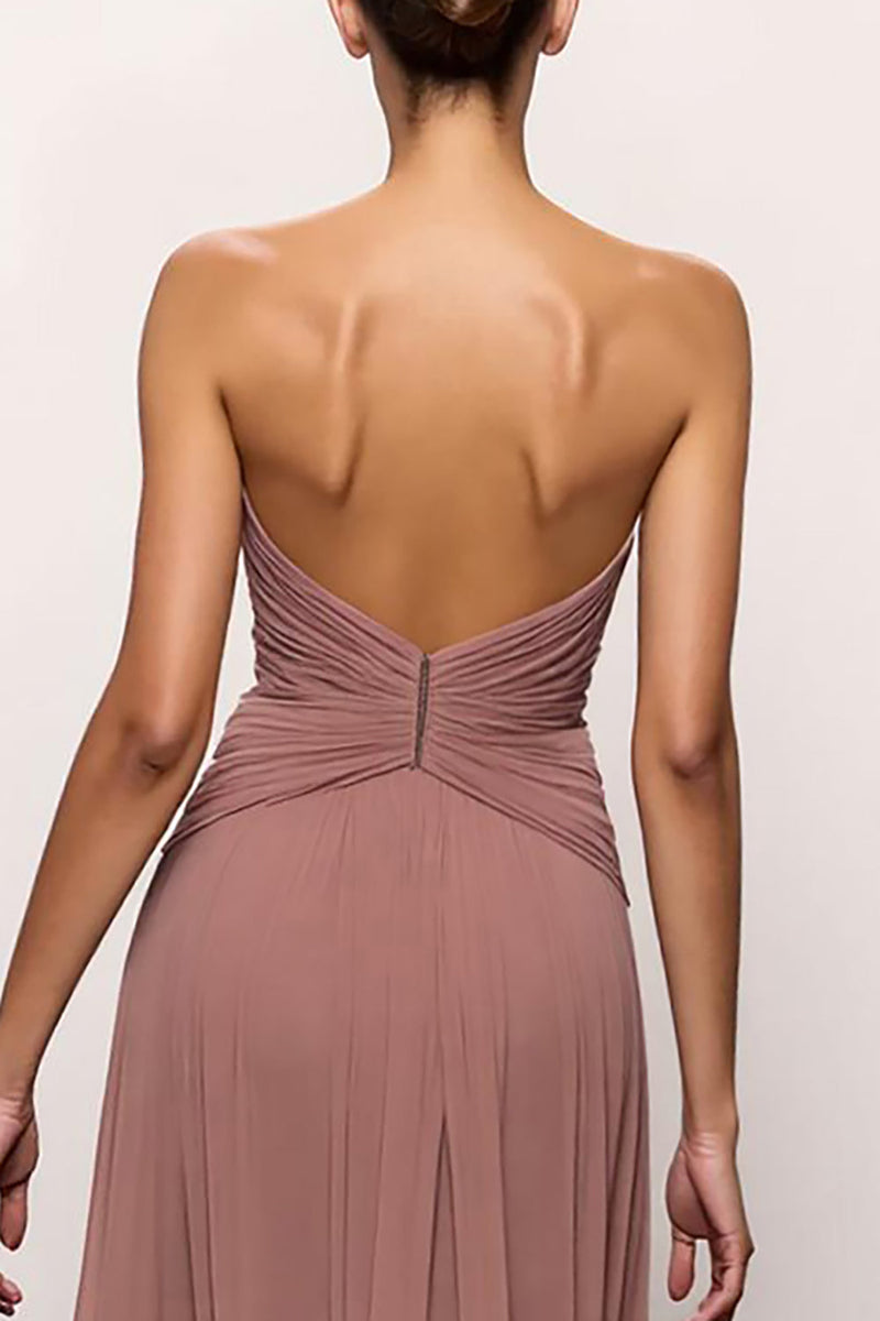 Laden Sie das Bild in den Galerie-Viewer, Erröten Trägerlos Gerafft Rückenfrei Lang Abendkleid mit Schlitz
