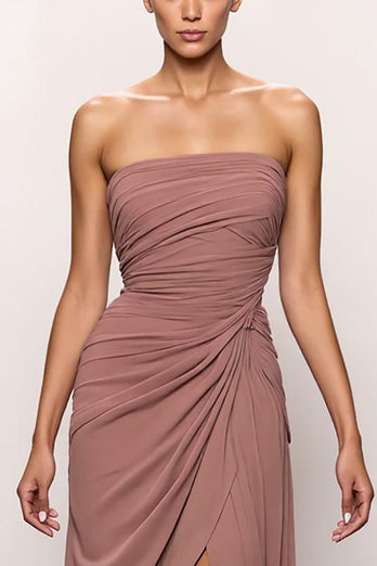 Erröten Trägerlos Gerafft Rückenfrei Lang Abendkleid mit Schlitz