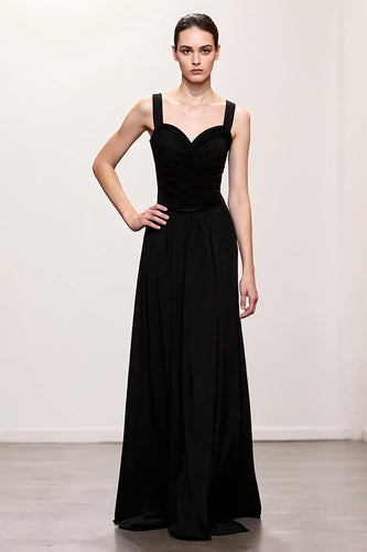 Einfach Schwarz A Linie Gerafft Lang Abendkleid