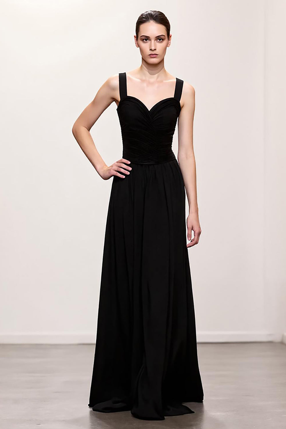 Einfach Schwarz A Linie Gerafft Lang Abendkleid