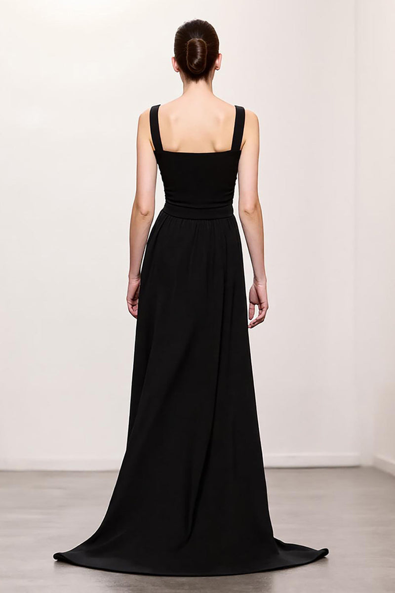 Laden Sie das Bild in den Galerie-Viewer, Einfach Schwarz A Linie Gerafft Lang Abendkleid