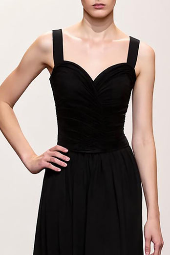 Einfach Schwarz A Linie Gerafft Lang Abendkleid