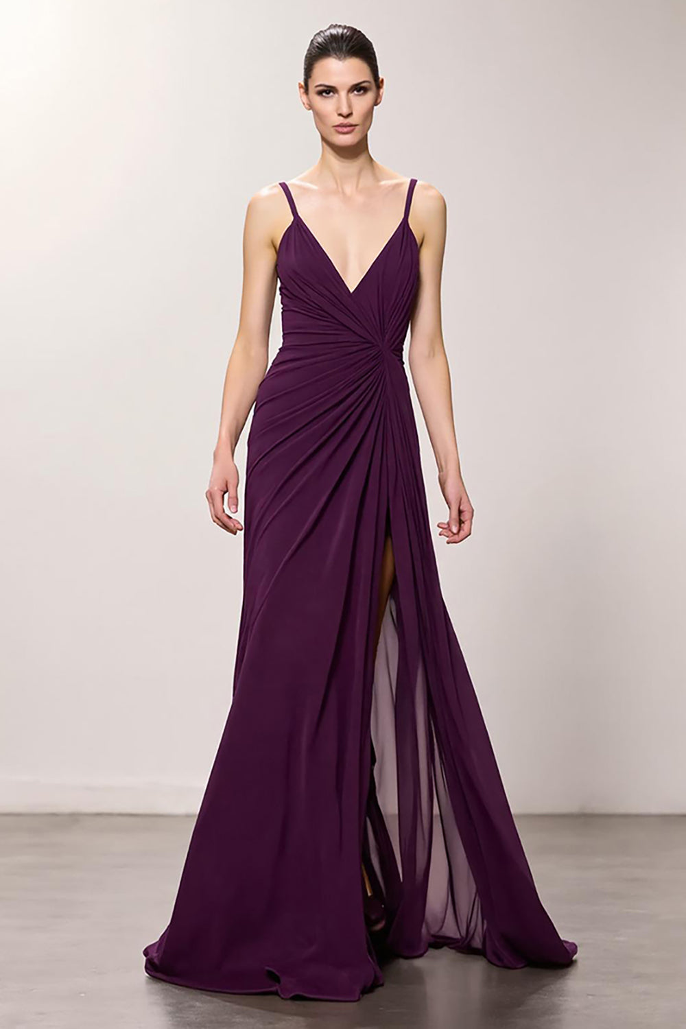 Lila Chiffon Spaghettiträger A Linie Gerafft Lang Abendkleid mit Schlitz
