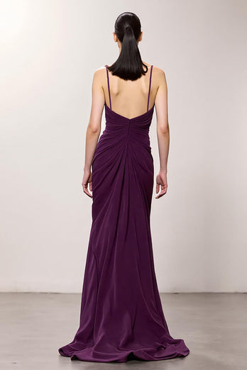 Lila Chiffon Spaghettiträger A Linie Gerafft Lang Abendkleid mit Schlitz