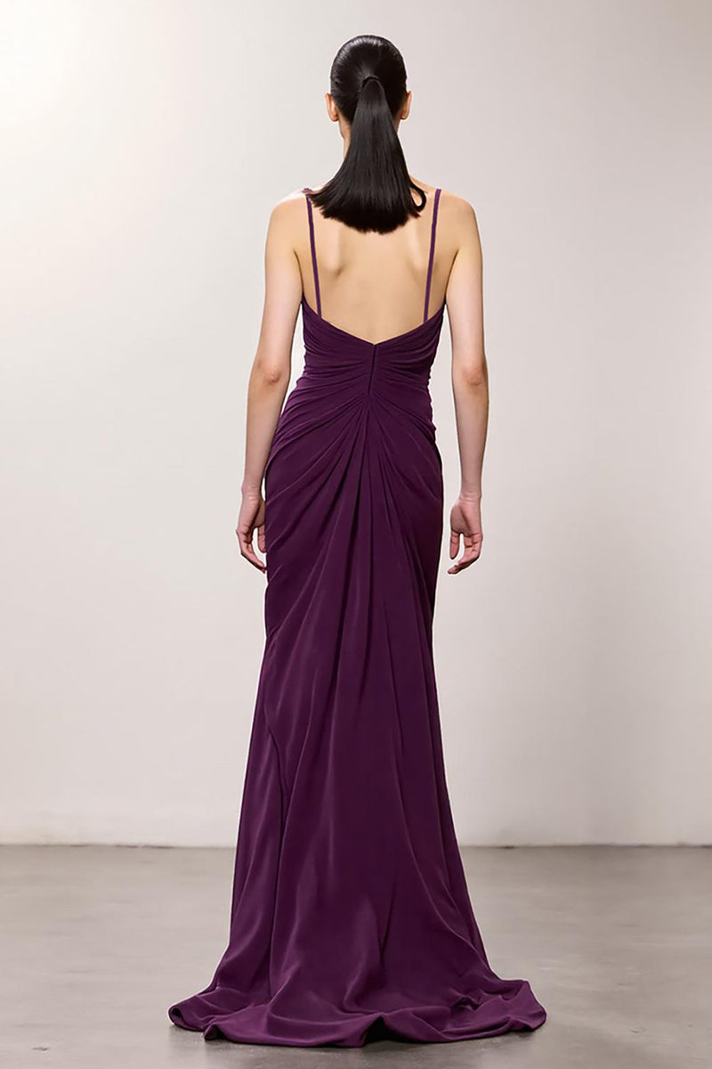 Laden Sie das Bild in den Galerie-Viewer, Lila Chiffon Spaghettiträger A Linie Gerafft Lang Abendkleid mit Schlitz