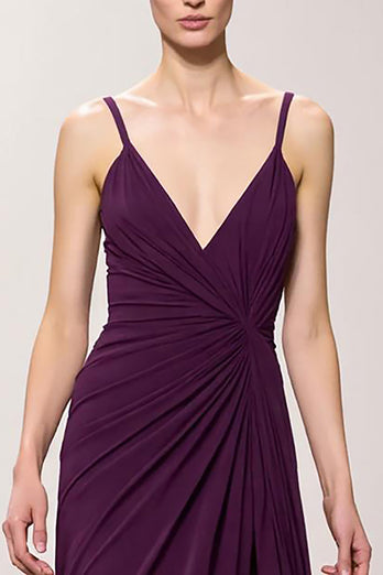 Lila Chiffon Spaghettiträger A Linie Gerafft Lang Abendkleid mit Schlitz
