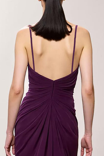 Lila Chiffon Spaghettiträger A Linie Gerafft Lang Abendkleid mit Schlitz
