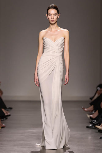 Elegant Elfenbein Etuikleid Trägerlos Gerafft Lang Abendkleid