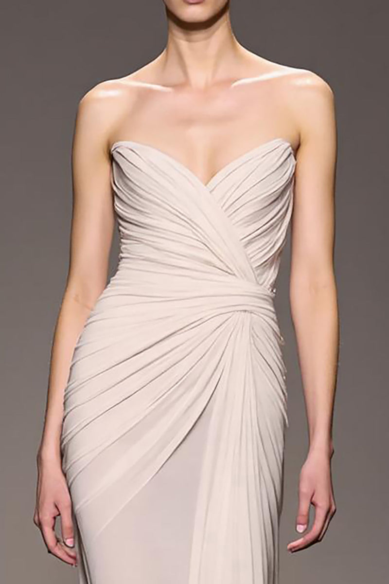 Laden Sie das Bild in den Galerie-Viewer, Elegant Elfenbein Etuikleid Trägerlos Gerafft Lang Abendkleid
