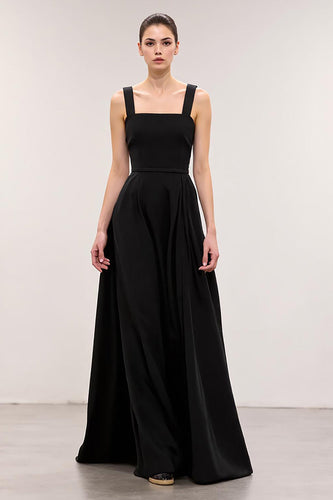 Einfach Schwarz A Linie Quadratischer Ausschnitt Lang Abendkleid