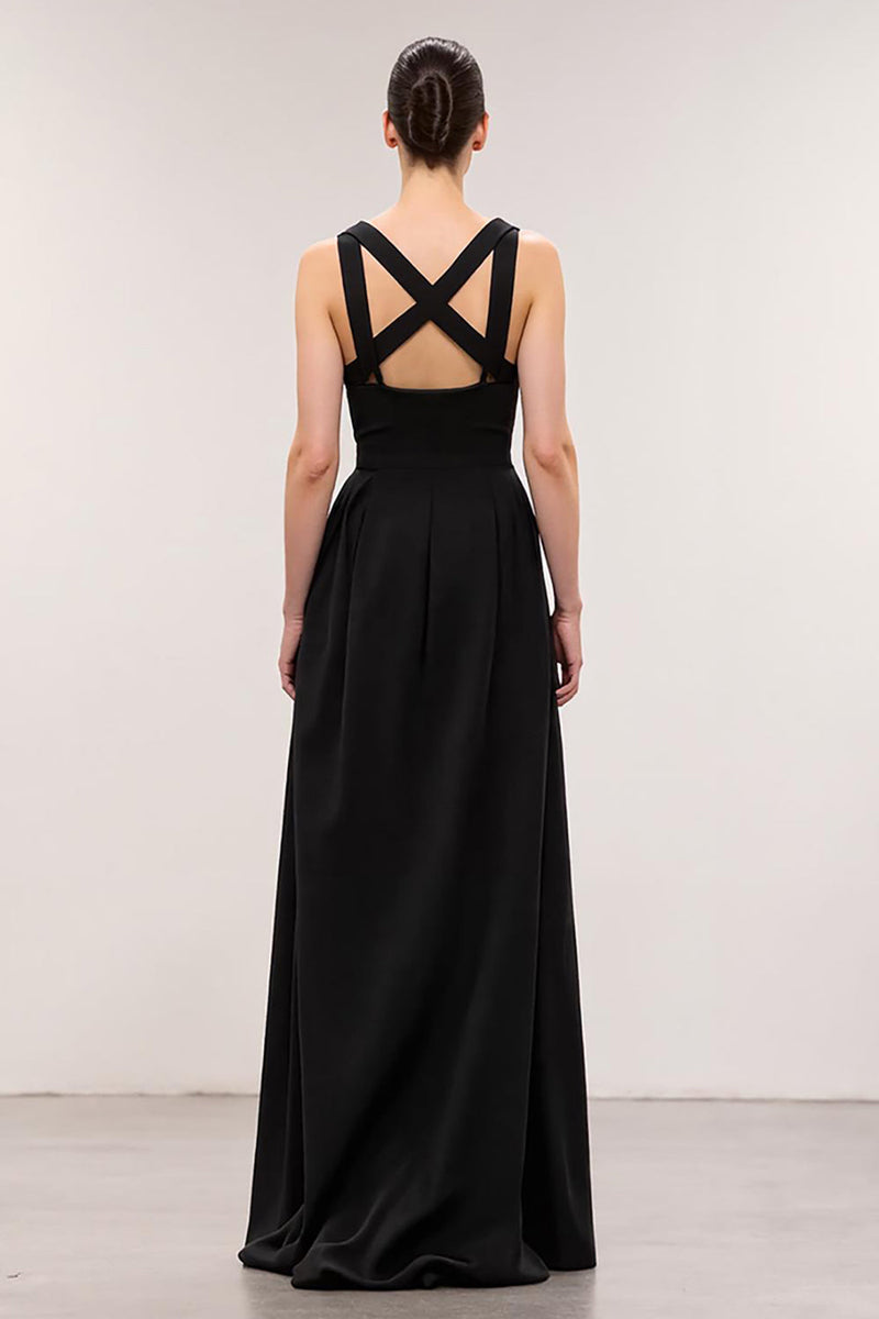 Laden Sie das Bild in den Galerie-Viewer, Einfach Schwarz A Linie Quadratischer Ausschnitt Lang Abendkleid