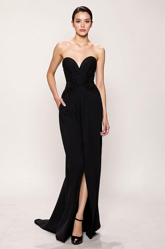 Schwarz Etuikleid Herzausschnitt Lang Abendkleid mit Schlitz