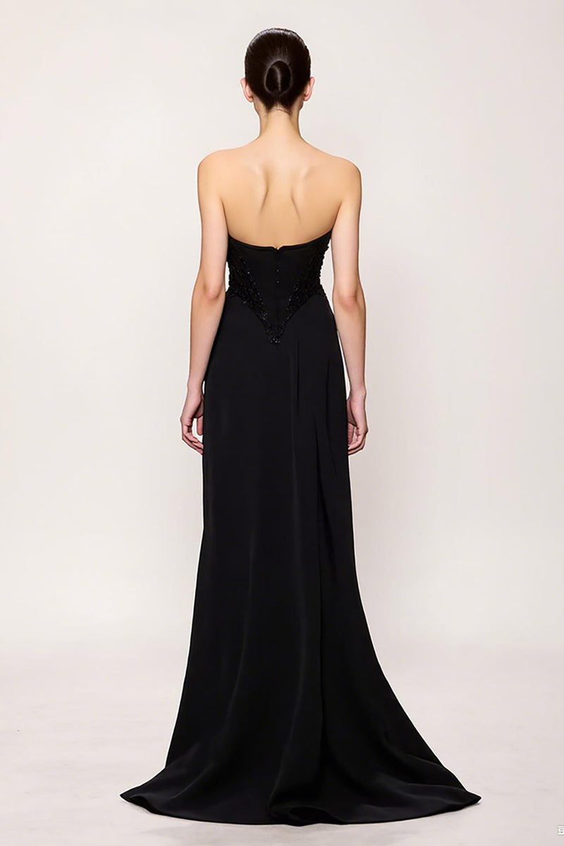 Laden Sie das Bild in den Galerie-Viewer, Schwarz Etuikleid Herzausschnitt Lang Abendkleid mit Schlitz