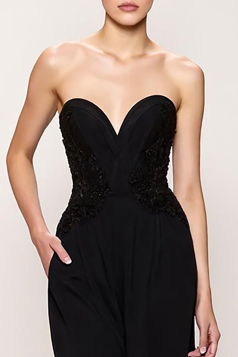 Laden Sie das Bild in den Galerie-Viewer, Schwarz Etuikleid Herzausschnitt Lang Abendkleid mit Schlitz