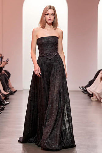 Glitzernd Schwarz A Linie Trägerlos Lang Abendkleid