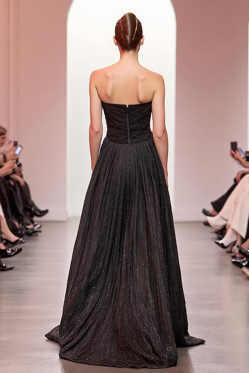 Laden Sie das Bild in den Galerie-Viewer, Glitzernd Schwarz A Linie Trägerlos Lang Abendkleid