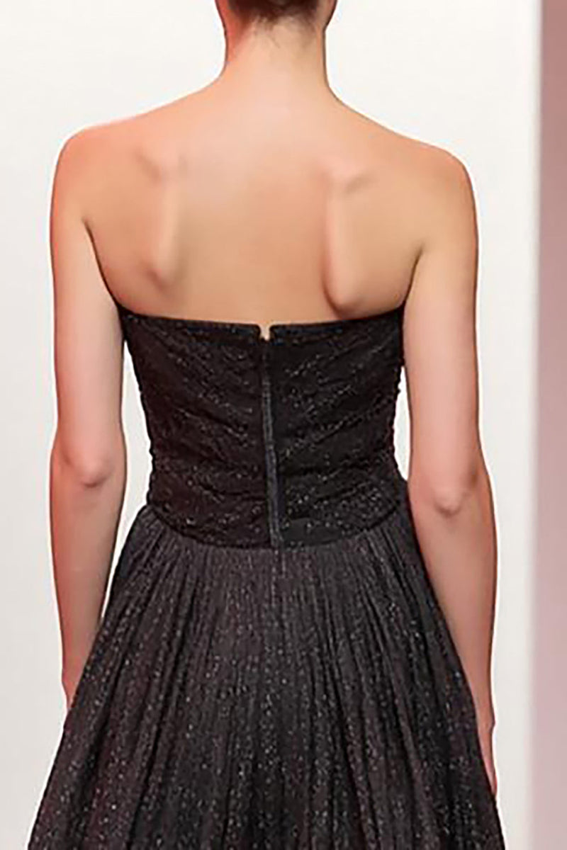 Laden Sie das Bild in den Galerie-Viewer, Glitzernd Schwarz A Linie Trägerlos Lang Abendkleid