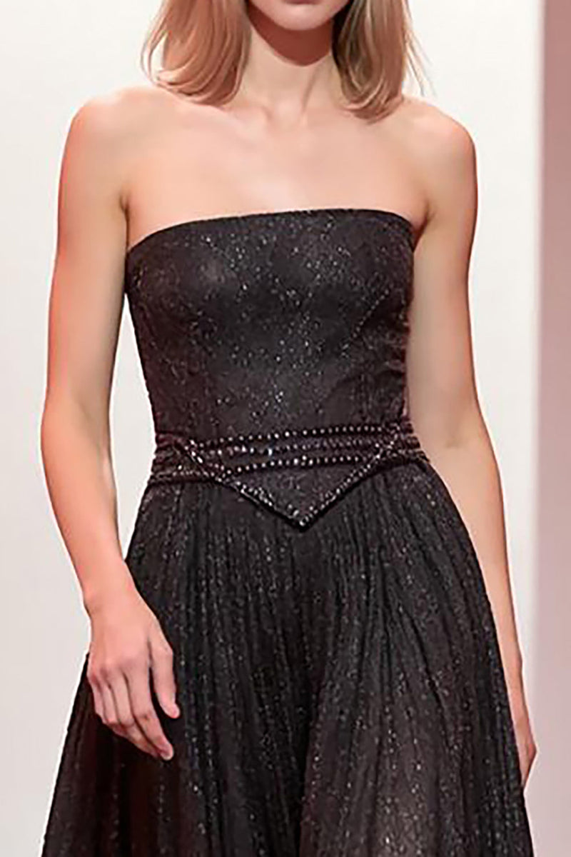 Laden Sie das Bild in den Galerie-Viewer, Glitzernd Schwarz A Linie Trägerlos Lang Abendkleid
