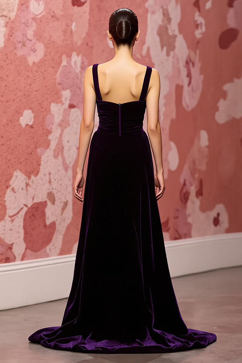 Laden Sie das Bild in den Galerie-Viewer, Einfach Dunkellila A Linie Samt Lang Abendkleid