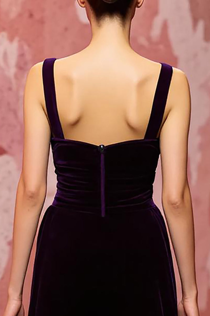 Laden Sie das Bild in den Galerie-Viewer, Einfach Dunkellila A Linie Samt Lang Abendkleid