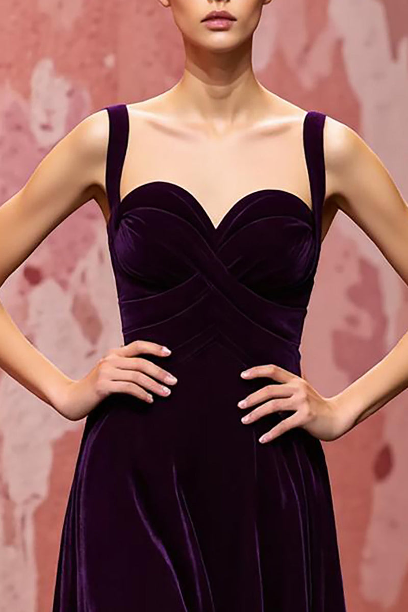 Laden Sie das Bild in den Galerie-Viewer, Einfach Dunkellila A Linie Samt Lang Abendkleid