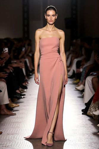 Rosa Trägerlos Gerafft Lang Abendkleid mit Schlitz