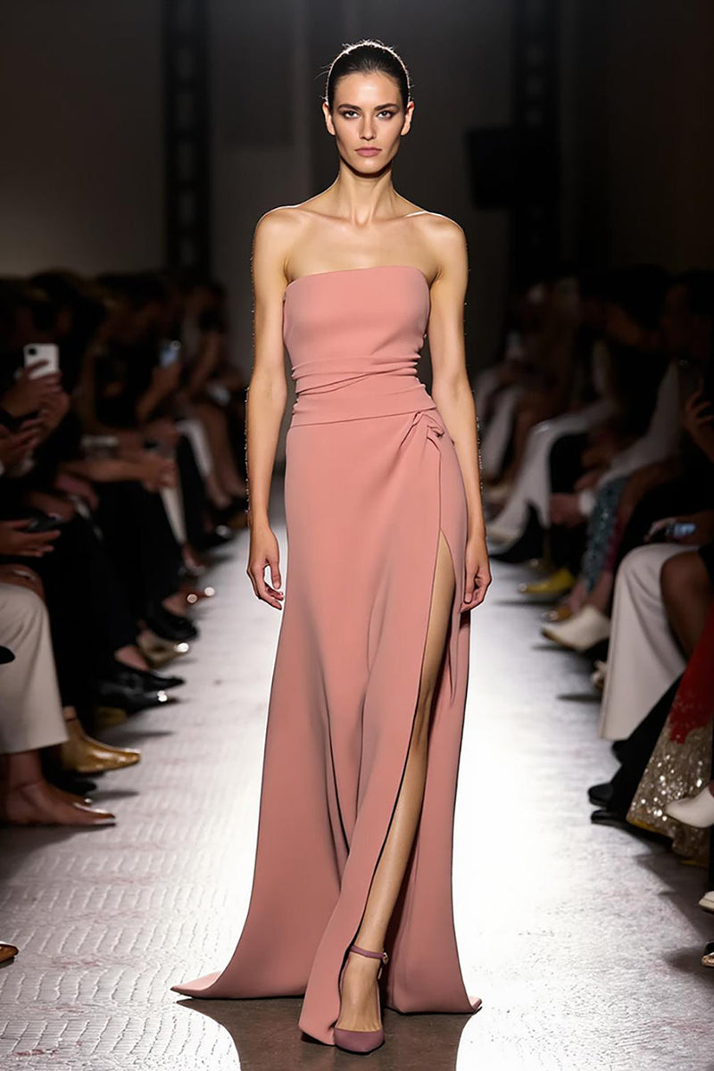 Laden Sie das Bild in den Galerie-Viewer, Rosa Trägerlos Gerafft Lang Abendkleid mit Schlitz