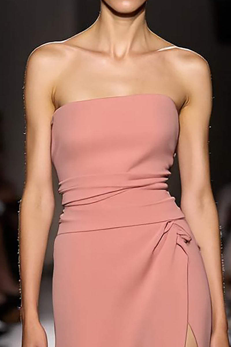 Laden Sie das Bild in den Galerie-Viewer, Rosa Trägerlos Gerafft Lang Abendkleid mit Schlitz