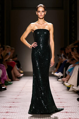 Glitzernd Schwarz Pailletten Etuikleid Trägerlos Maxi Abendkleid
