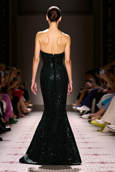 Glitzernd Schwarz Pailletten Etuikleid Trägerlos Maxi Abendkleid