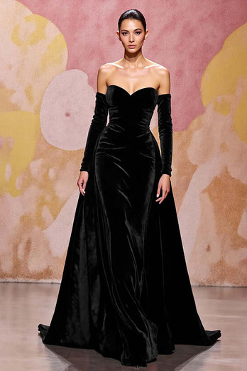 Dunkelrot Herzausschnitt Samt A Linie Lang Abendkleid