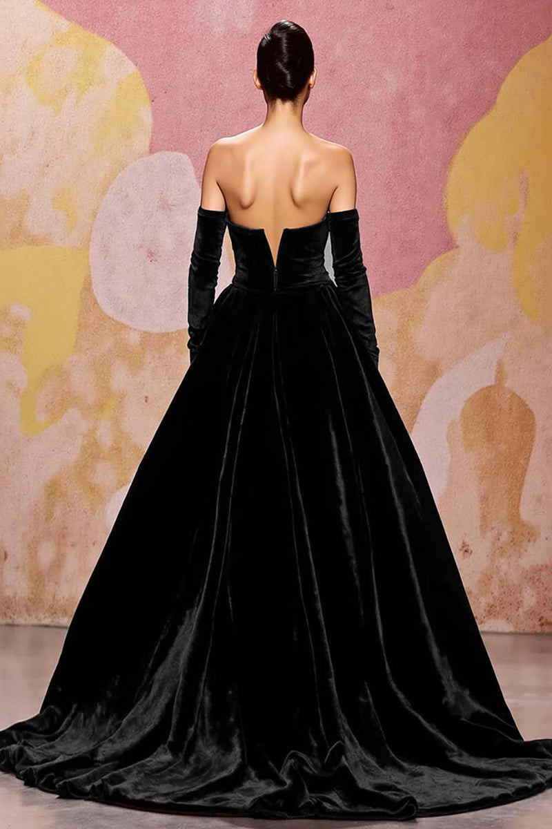 Laden Sie das Bild in den Galerie-Viewer, Dunkelrot Herzausschnitt Samt A Linie Lang Abendkleid