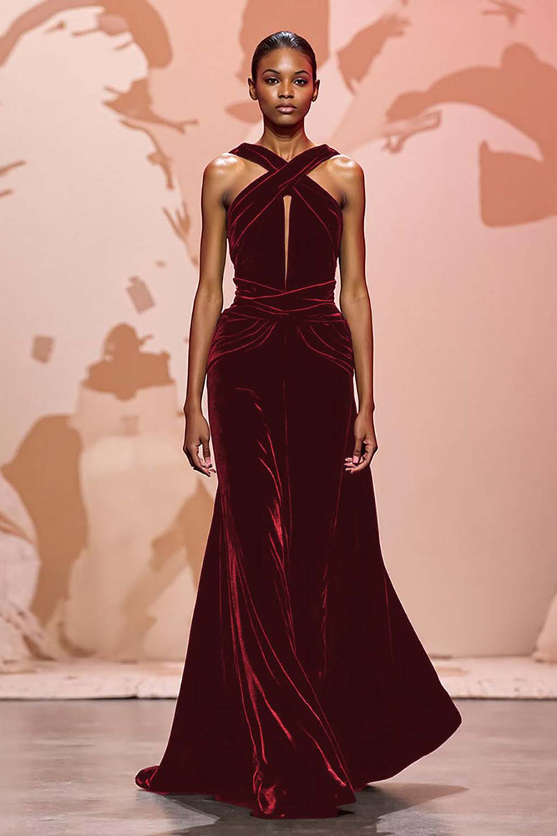 Laden Sie das Bild in den Galerie-Viewer, Einfach Schwarz Schlüsselloch Samt Maxi Abendkleid