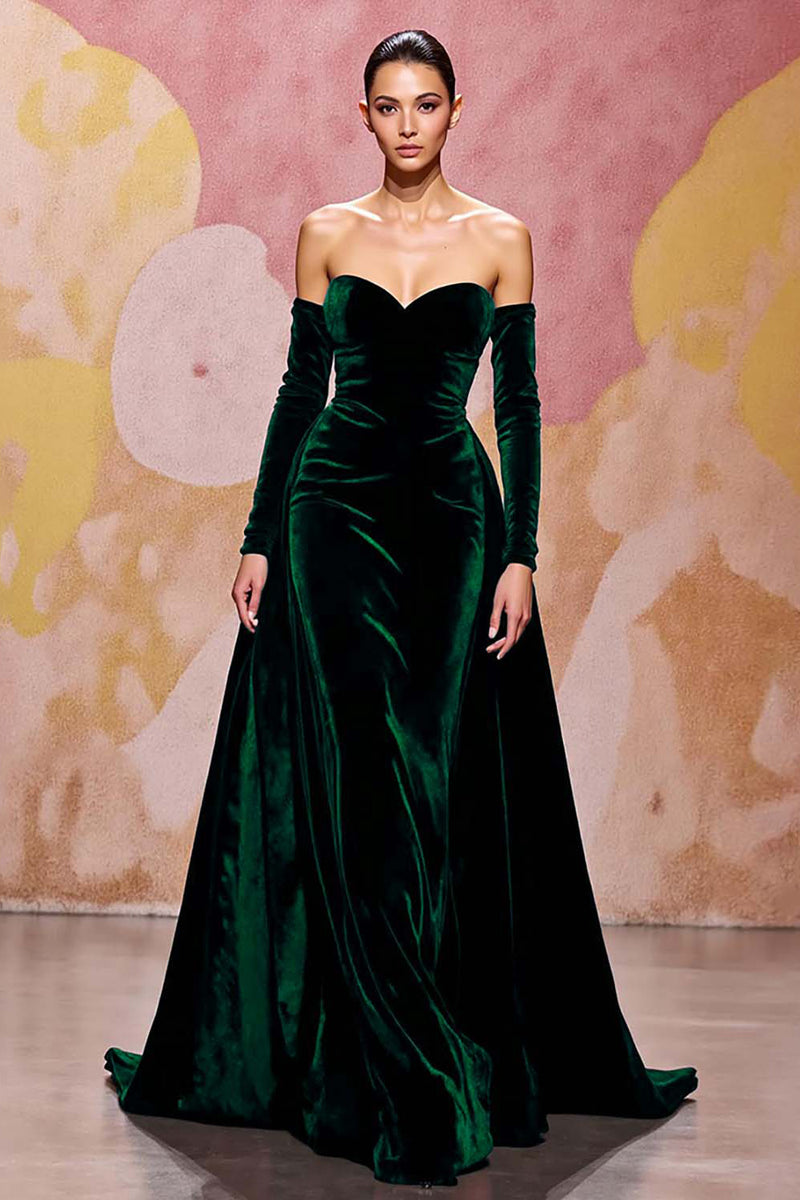 Laden Sie das Bild in den Galerie-Viewer, Dunkelrot Herzausschnitt Samt A Linie Lang Abendkleid