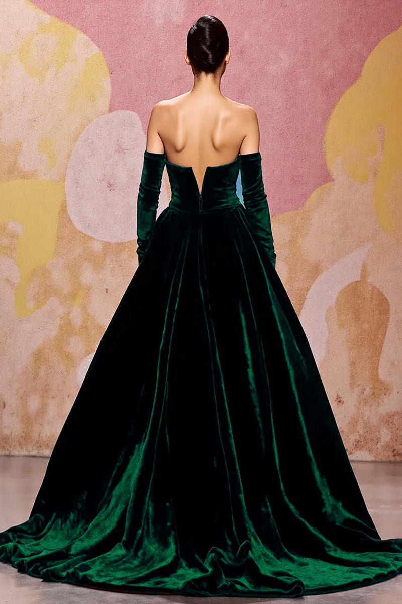Laden Sie das Bild in den Galerie-Viewer, Dunkelrot Herzausschnitt Samt A Linie Lang Abendkleid