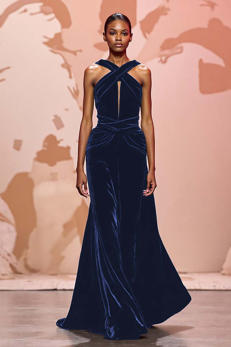 Laden Sie das Bild in den Galerie-Viewer, Einfach Schwarz Schlüsselloch Samt Maxi Abendkleid