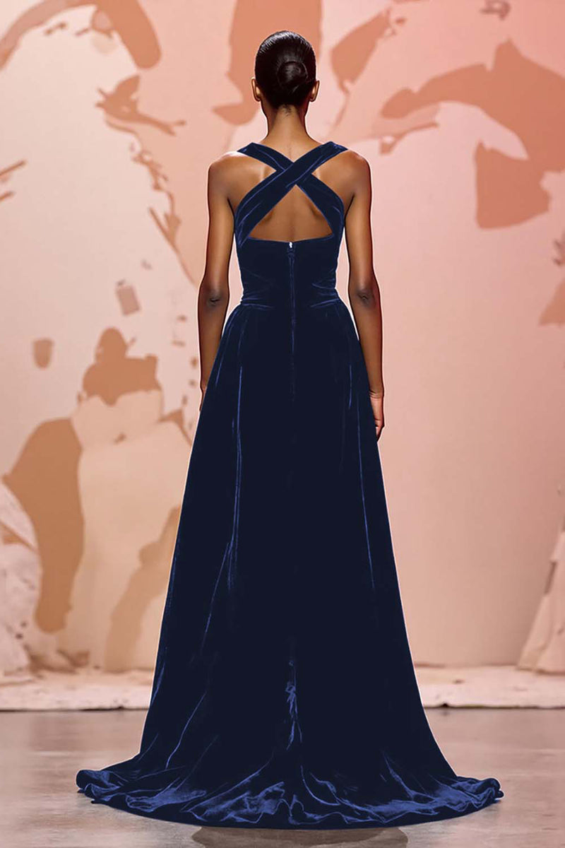 Laden Sie das Bild in den Galerie-Viewer, Einfach Schwarz Schlüsselloch Samt Maxi Abendkleid