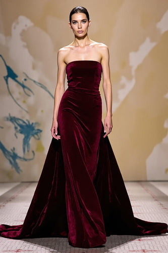Dunkelrot Samt Trägerlos Lang Abendkleid