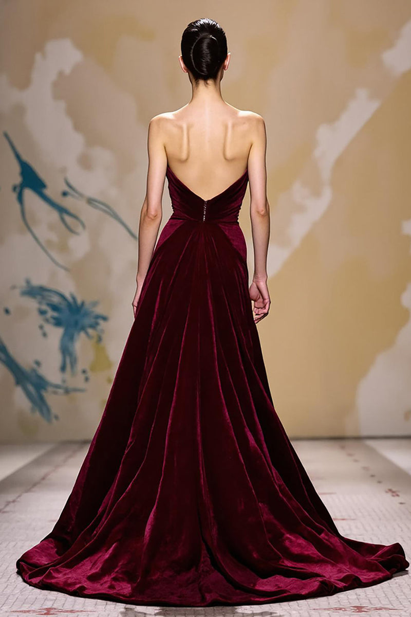 Laden Sie das Bild in den Galerie-Viewer, Dunkelrot Samt Trägerlos Lang Abendkleid