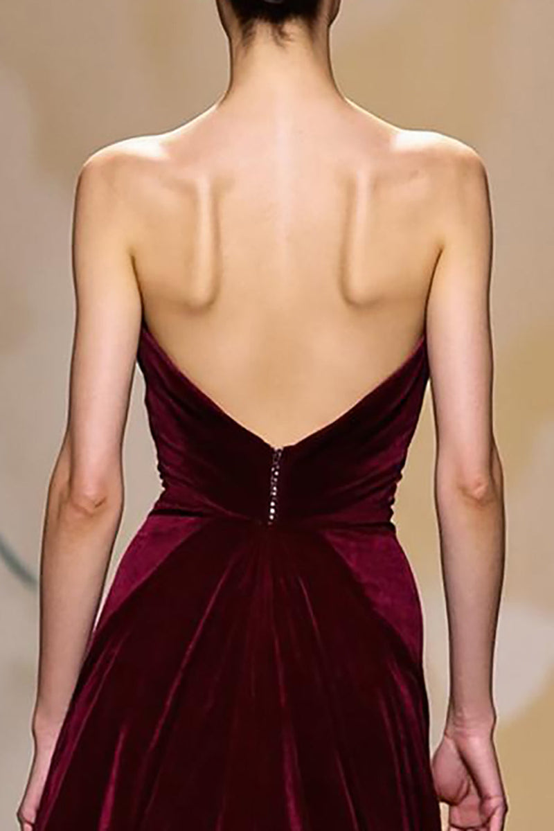 Laden Sie das Bild in den Galerie-Viewer, Dunkelrot Samt Trägerlos Lang Abendkleid