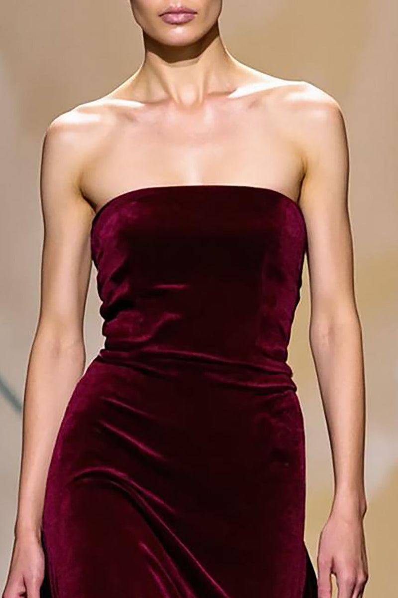 Laden Sie das Bild in den Galerie-Viewer, Dunkelrot Samt Trägerlos Lang Abendkleid