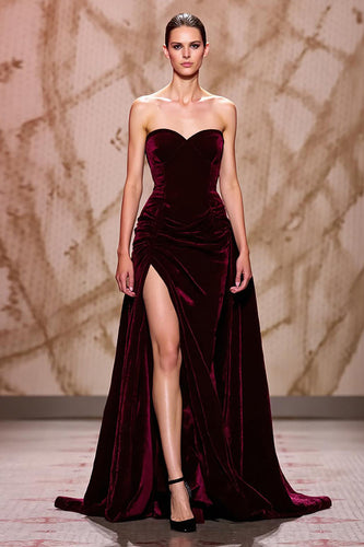 Dunkelrot Herzausschnitt Samt Lang Abendkleid mit Schlitz