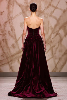 Dunkelrot Herzausschnitt Samt Lang Abendkleid mit Schlitz