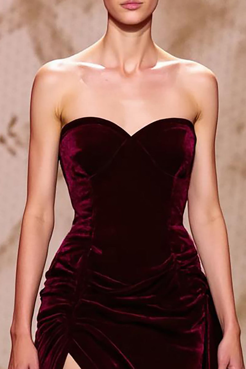 Laden Sie das Bild in den Galerie-Viewer, Dunkelrot Herzausschnitt Samt Lang Abendkleid mit Schlitz