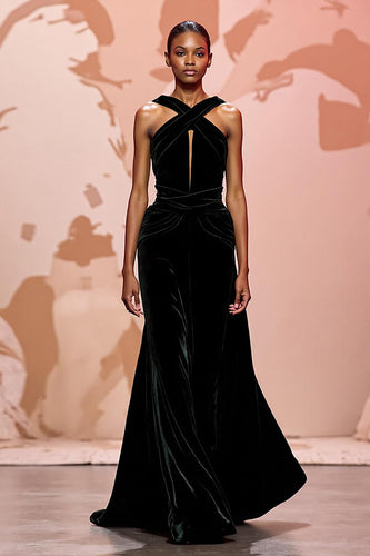 Einfach Schwarz Schlüsselloch Samt Maxi Abendkleid