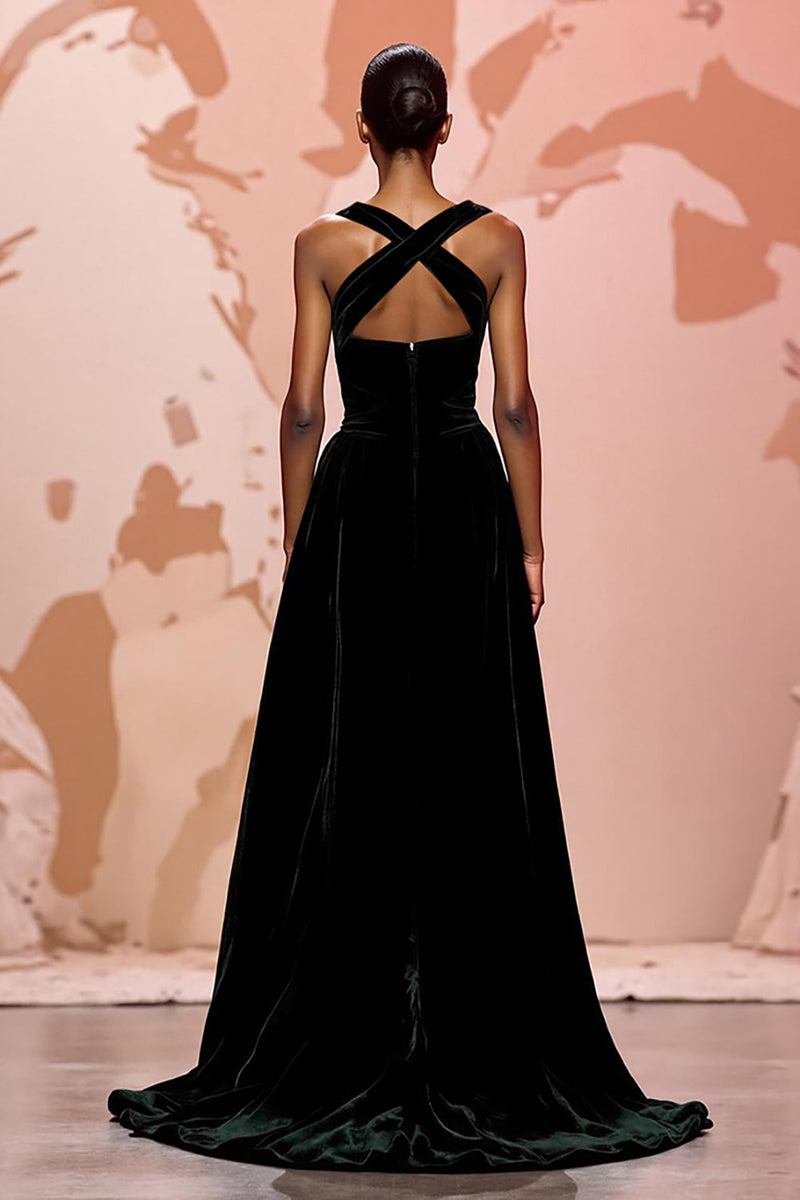 Laden Sie das Bild in den Galerie-Viewer, Einfach Schwarz Schlüsselloch Samt Maxi Abendkleid