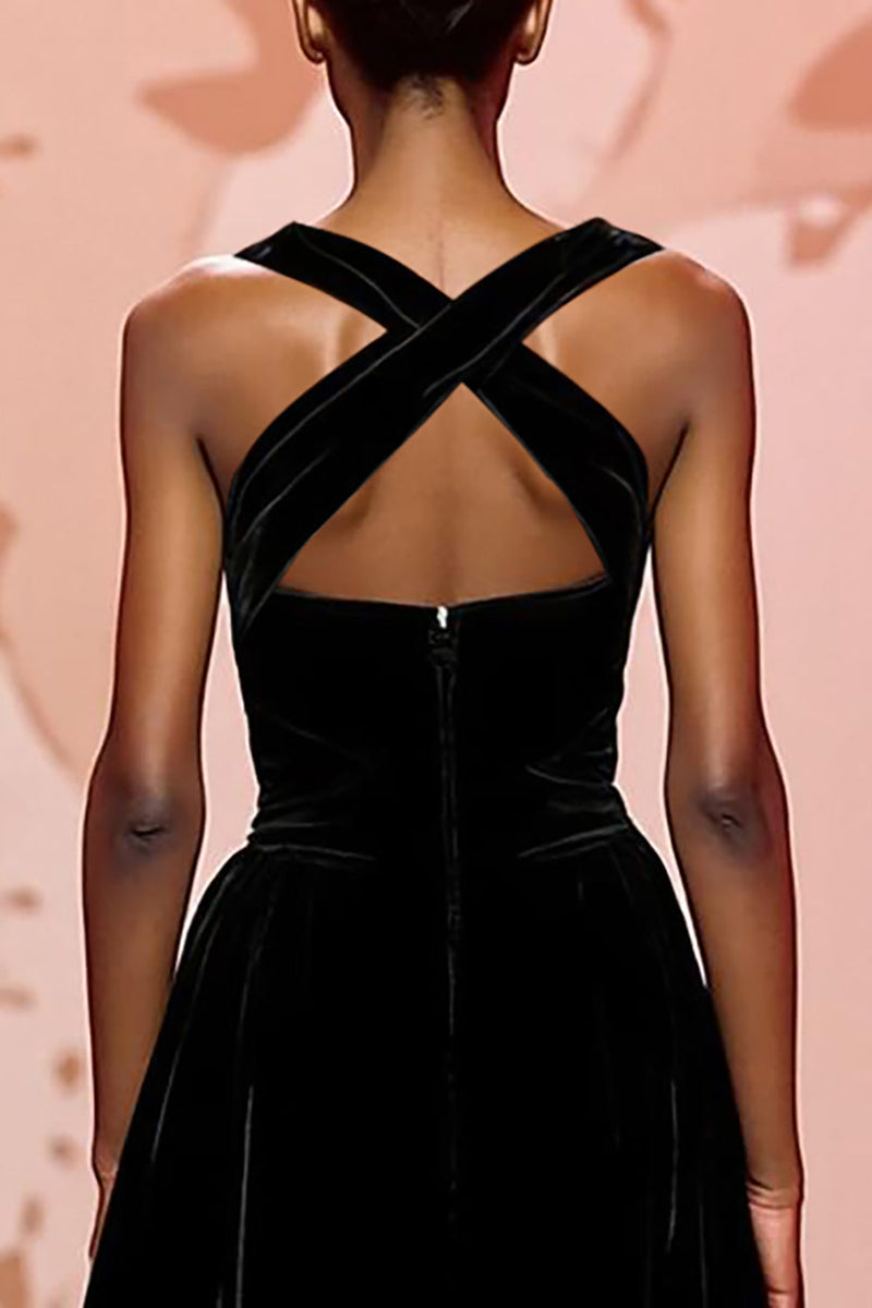 Laden Sie das Bild in den Galerie-Viewer, Einfach Schwarz Schlüsselloch Samt Maxi Abendkleid