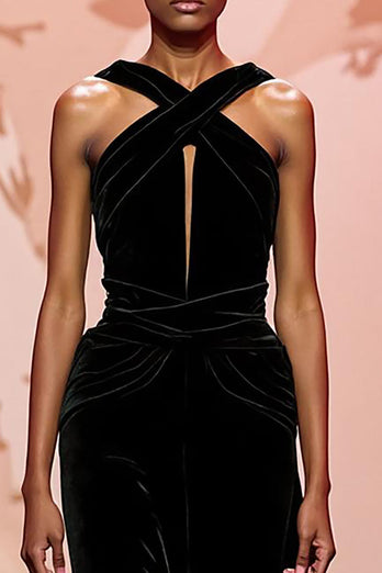 Einfach Schwarz Schlüsselloch Samt Maxi Abendkleid