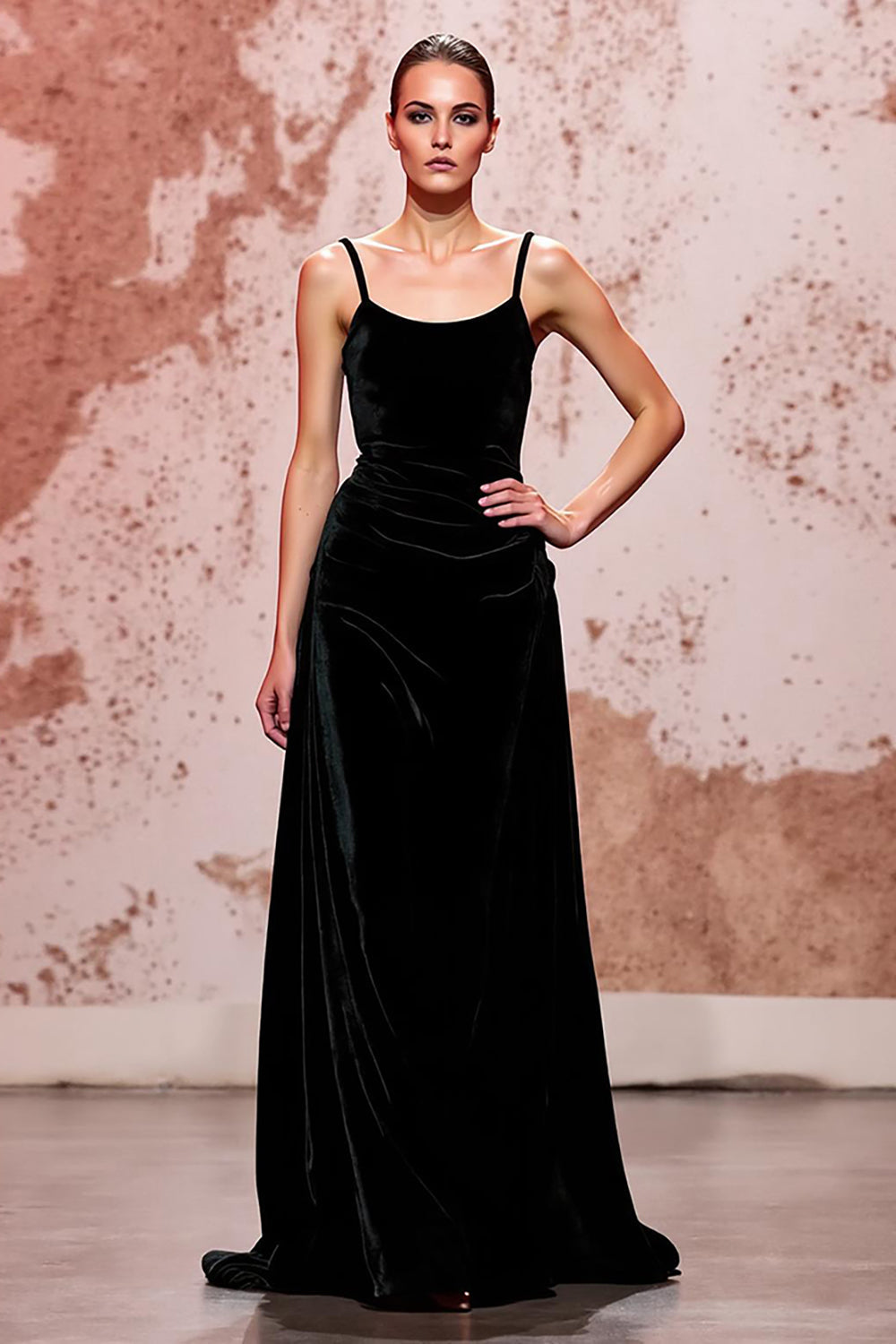 Einfach Schwarz Spaghettiträger Samt Lang Abendkleid